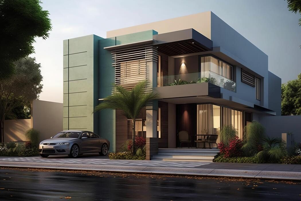 A modern two-storey home at dusk